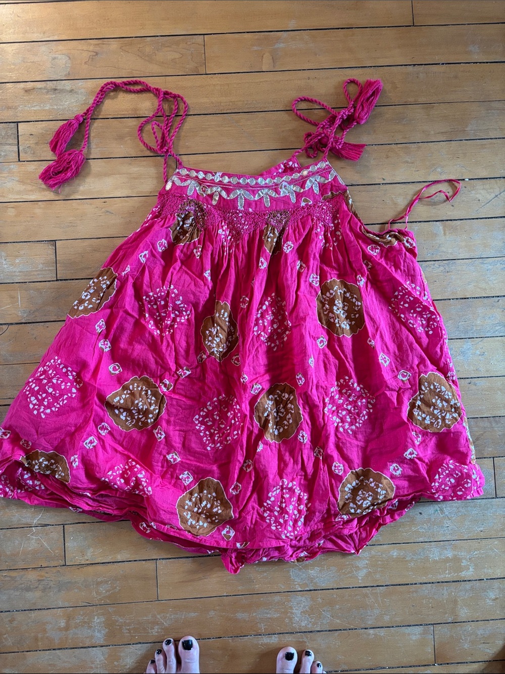 EUC Boho Fuchsia Printed Tie-Shoulder Tank Top